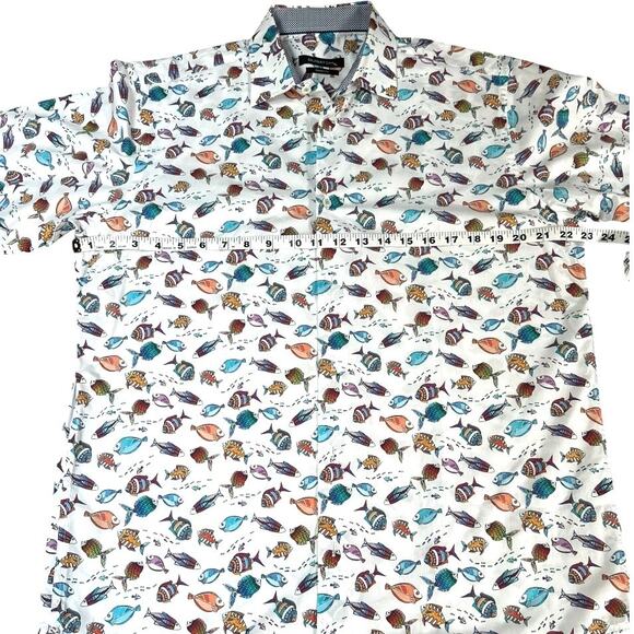 Bugatchi Classic Fit White Button-Up Shirt, Colorful Tropical Fish Print, Size M - Picture 3 of 7